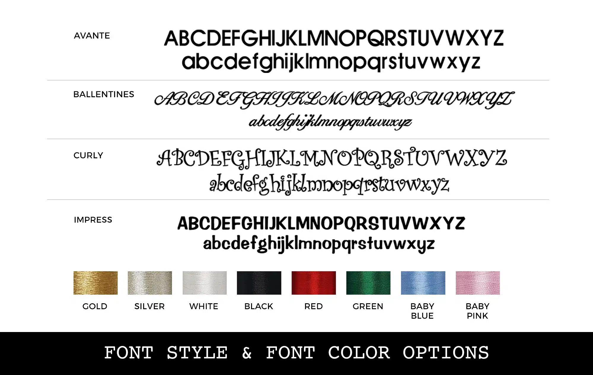 Font styles and the eight thread colours available on personalised Christmas stockings: gold, silver, white, black, red, green, baby blue and baby pink