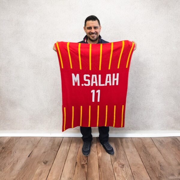 man holding Custom Pinstripe Jersey Blanket